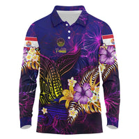 Tahiti French Polynesia Long Sleeve Polo Shirt Whale Hibiscus Polynesian
