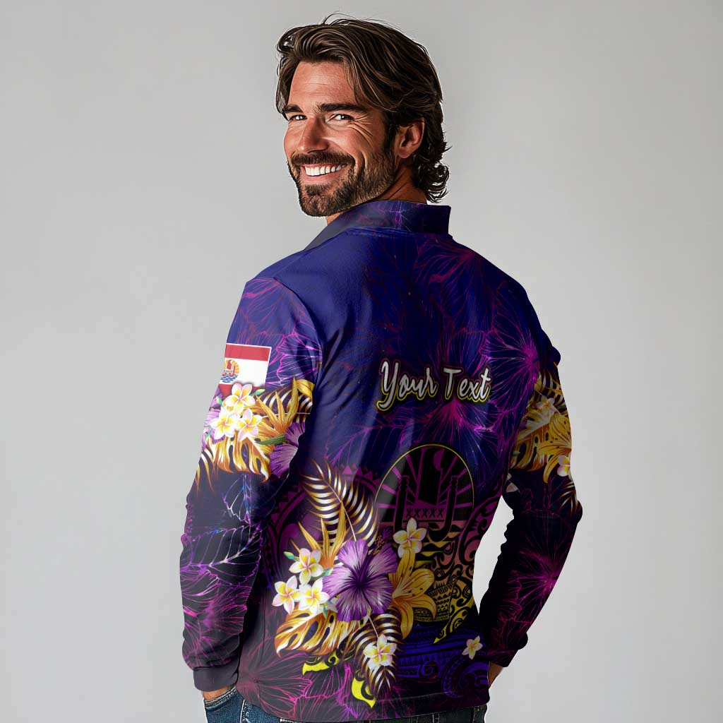 Tahiti French Polynesia Long Sleeve Polo Shirt Whale Hibiscus Polynesian