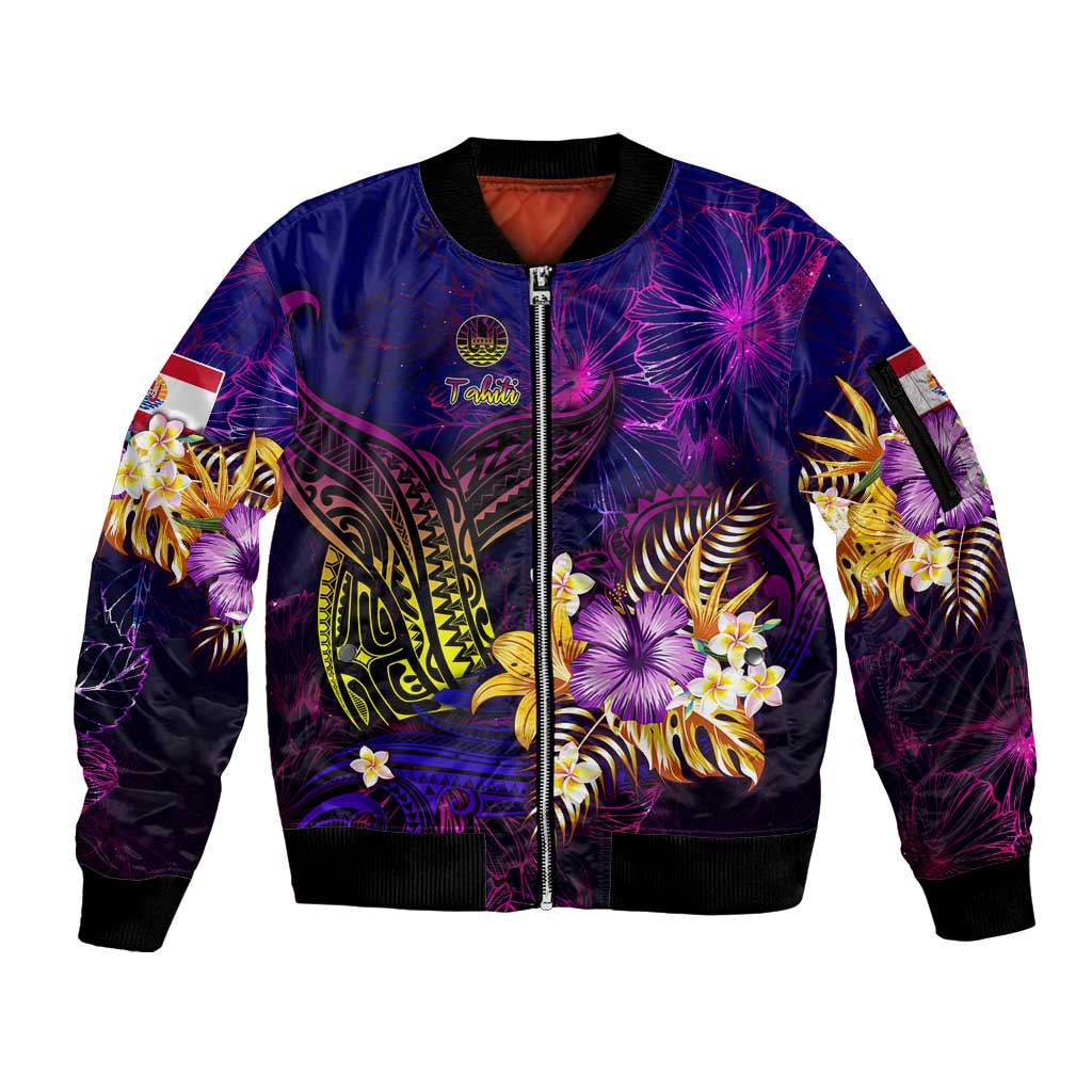 Tahiti French Polynesia Sleeve Zip Bomber Jacket Whale Hibiscus Polynesian