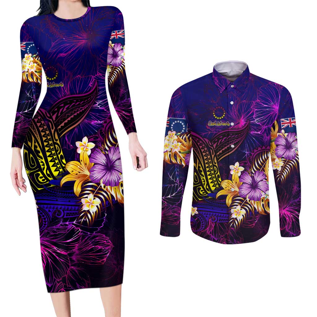 Cook Islands Couples Matching Long Sleeve Bodycon Dress and Long Sleeve Button Shirt Whale Hibiscus Polynesian