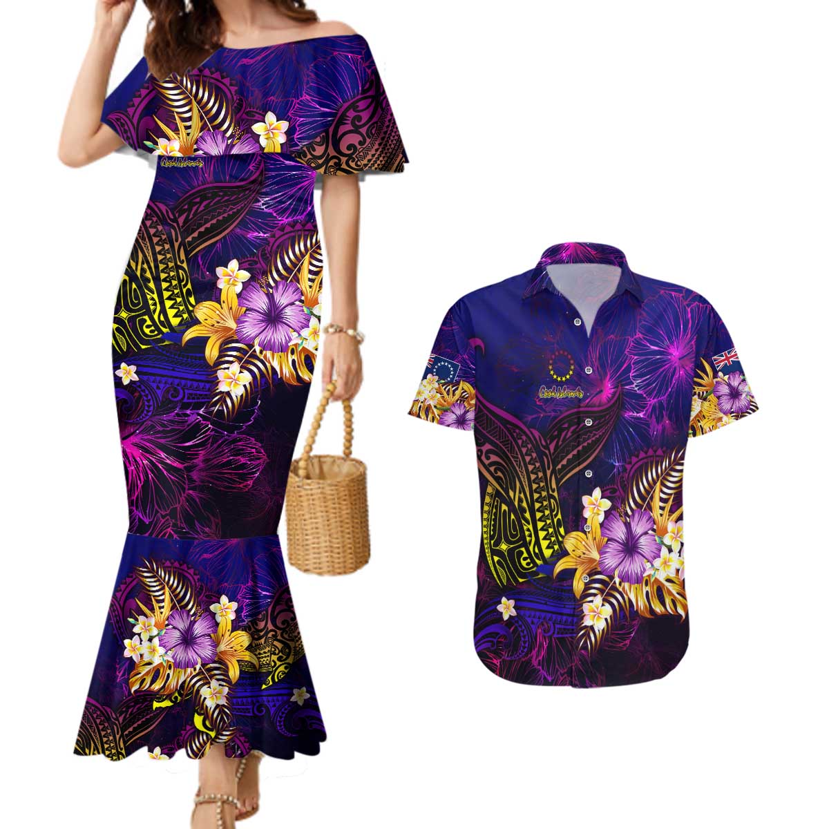 Cook Islands Couples Matching Mermaid Dress and Hawaiian Shirt Whale Hibiscus Polynesian