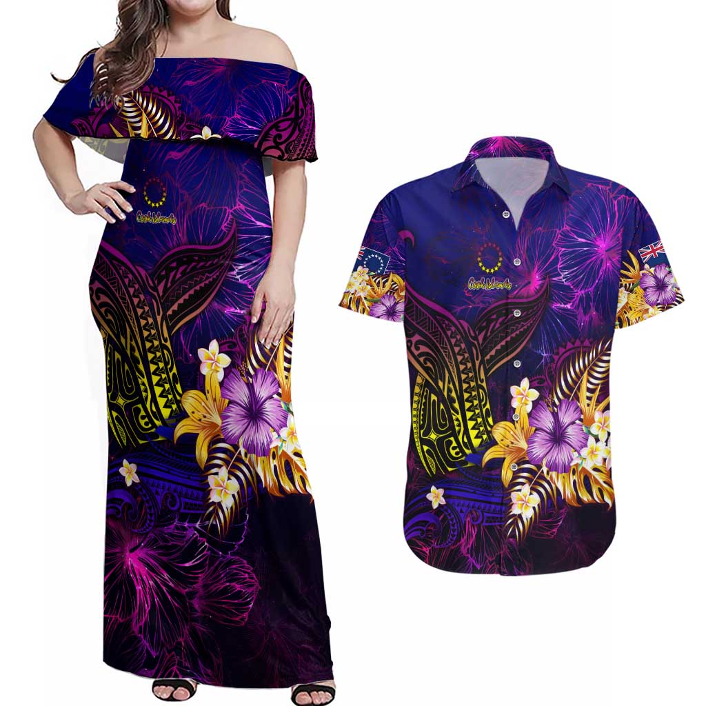 Cook Islands Couples Matching Off Shoulder Maxi Dress and Hawaiian Shirt Whale Hibiscus Polynesian