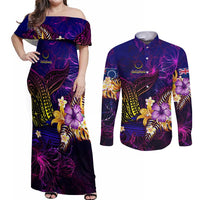Cook Islands Couples Matching Off Shoulder Maxi Dress and Long Sleeve Button Shirt Whale Hibiscus Polynesian
