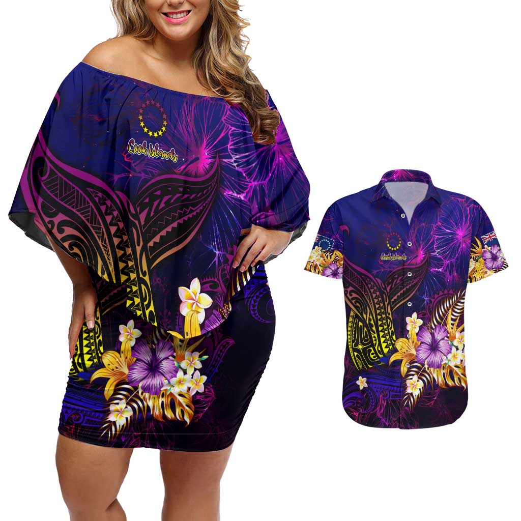 Cook Islands Couples Matching Off Shoulder Short Dress and Hawaiian Shirt Whale Hibiscus Polynesian