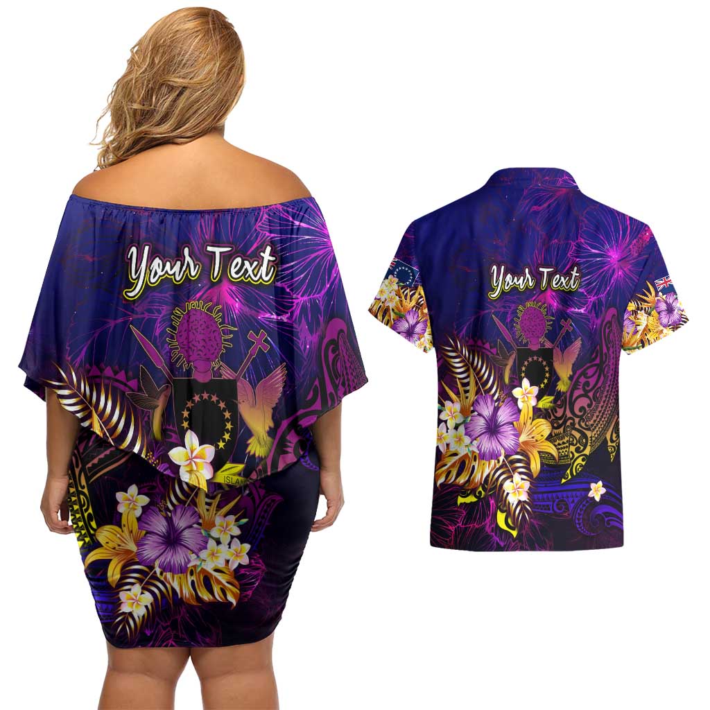 Cook Islands Couples Matching Off Shoulder Short Dress and Hawaiian Shirt Whale Hibiscus Polynesian