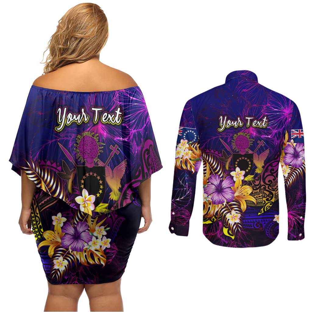 Cook Islands Couples Matching Off Shoulder Short Dress and Long Sleeve Button Shirt Whale Hibiscus Polynesian