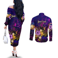 Cook Islands Couples Matching Off The Shoulder Long Sleeve Dress and Long Sleeve Button Shirt Whale Hibiscus Polynesian