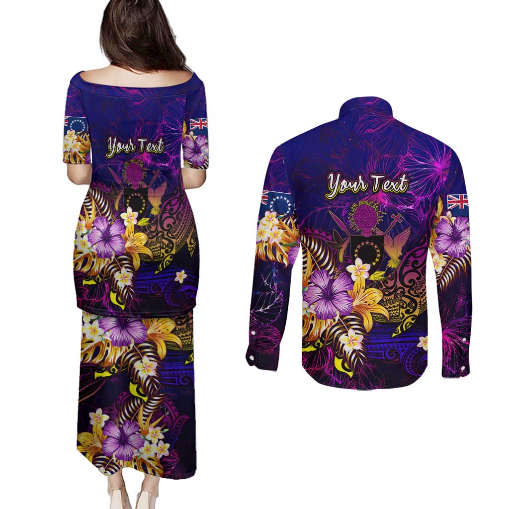 Cook Islands Couples Matching Puletasi and Long Sleeve Button Shirt Whale Hibiscus Polynesian