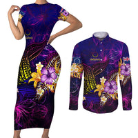 Cook Islands Couples Matching Short Sleeve Bodycon Dress and Long Sleeve Button Shirt Whale Hibiscus Polynesian