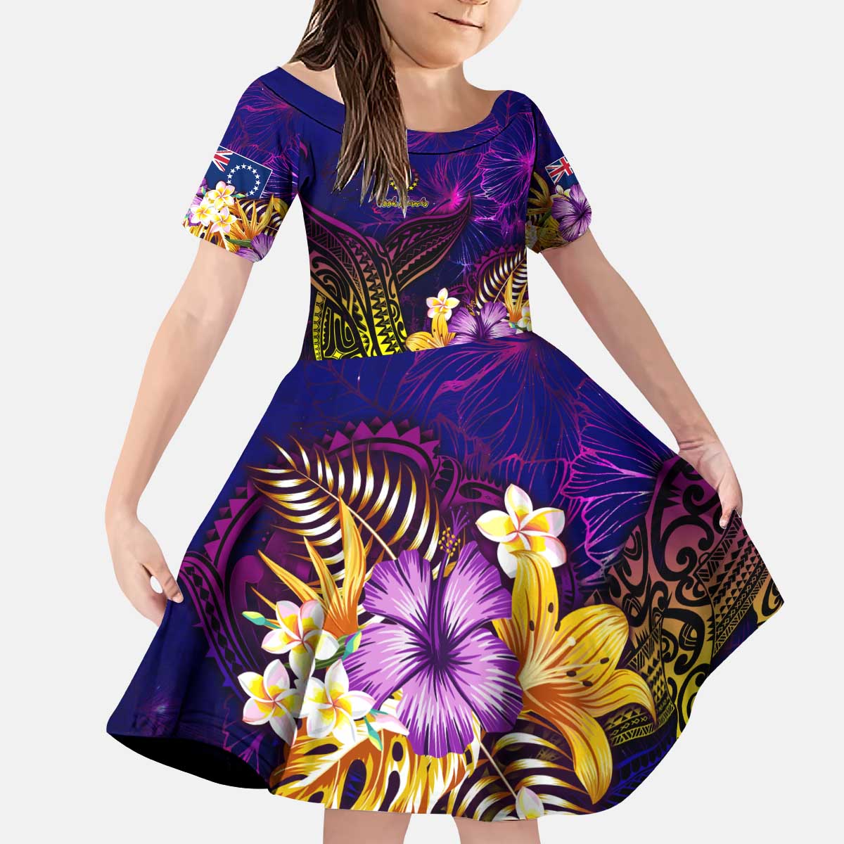 Cook Islands Kid Short Sleeve Dress Whale Hibiscus Polynesian