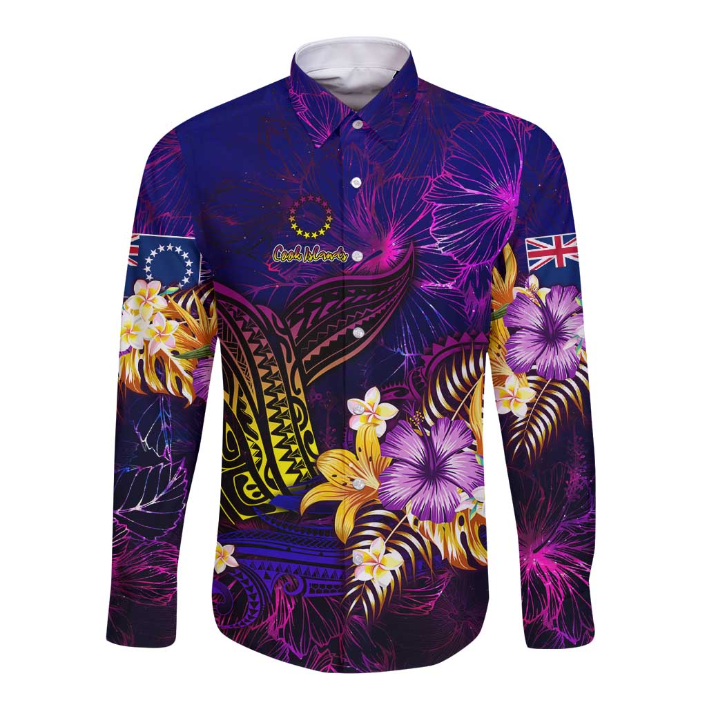 Cook Islands Long Sleeve Button Shirt Whale Hibiscus Polynesian