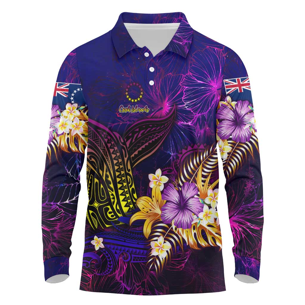 Cook Islands Long Sleeve Polo Shirt Whale Hibiscus Polynesian