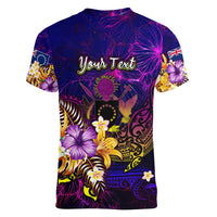 Cook Islands Women V-Neck T-Shirt Whale Hibiscus Polynesian