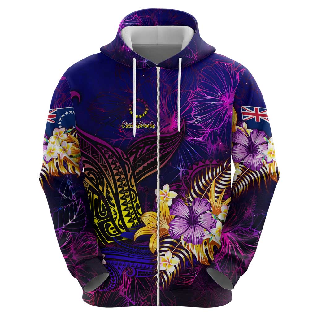 Cook Islands Zip Hoodie Whale Hibiscus Polynesian