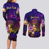 Nauru Couples Matching Long Sleeve Bodycon Dress and Long Sleeve Button Shirt Whale Hibiscus Polynesian