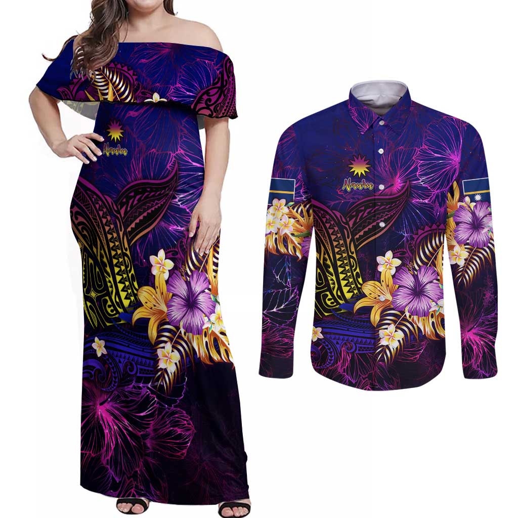 Nauru Couples Matching Off Shoulder Maxi Dress and Long Sleeve Button Shirt Whale Hibiscus Polynesian DT02 Purple - Polynesian Pride