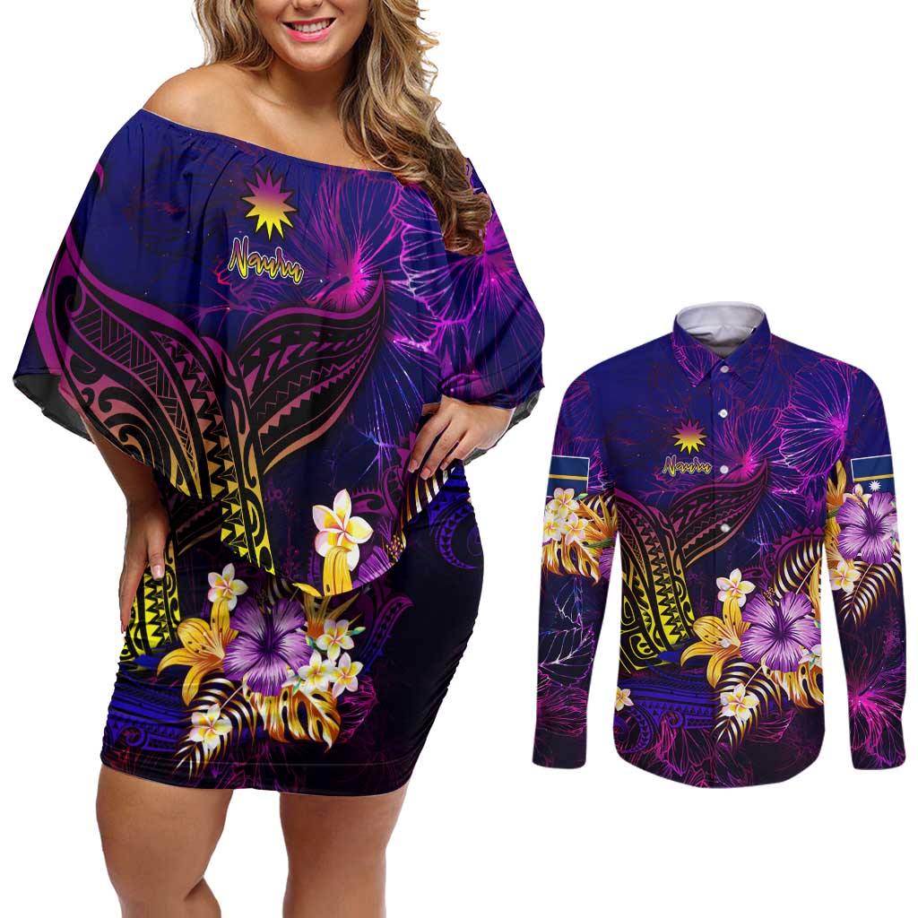 Nauru Couples Matching Off Shoulder Short Dress and Long Sleeve Button Shirt Whale Hibiscus Polynesian DT02 Purple - Polynesian Pride