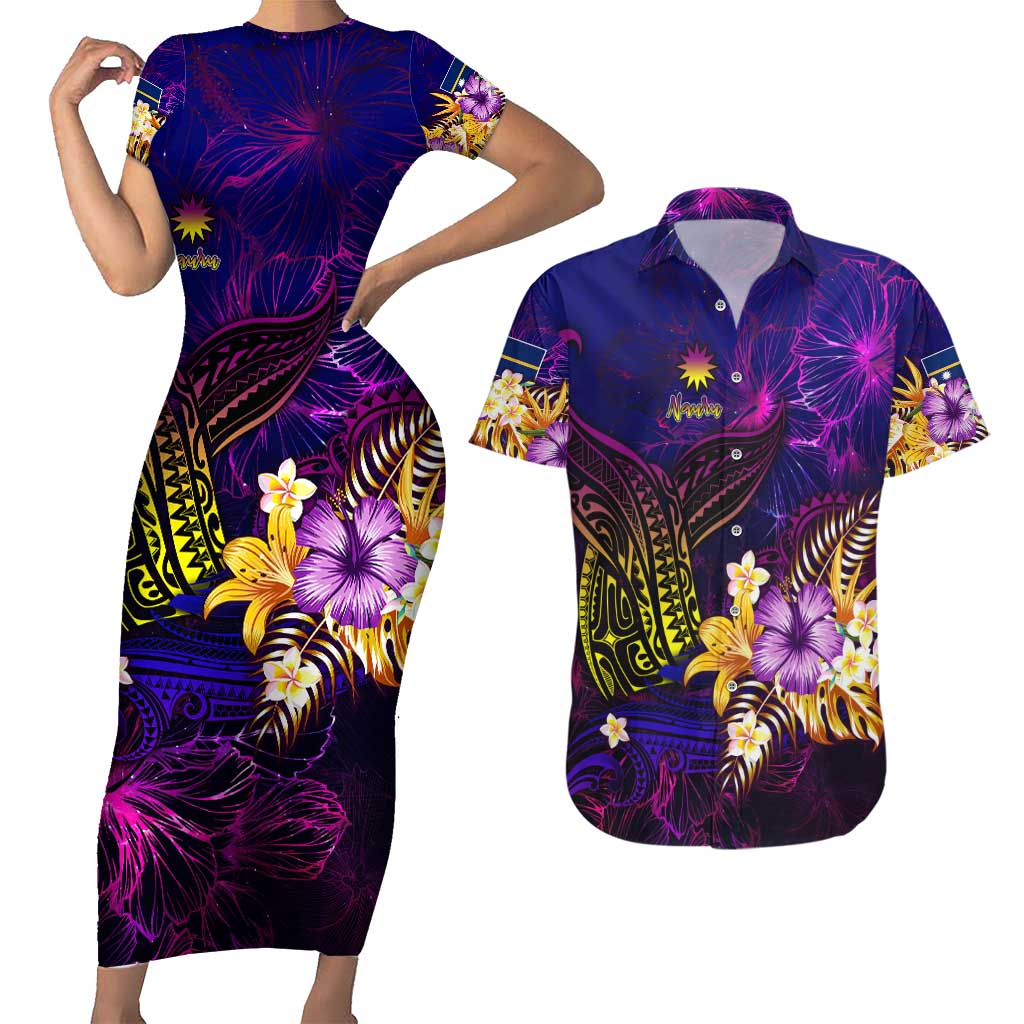 Nauru Couples Matching Short Sleeve Bodycon Dress and Hawaiian Shirt Whale Hibiscus Polynesian DT02 Purple - Polynesian Pride