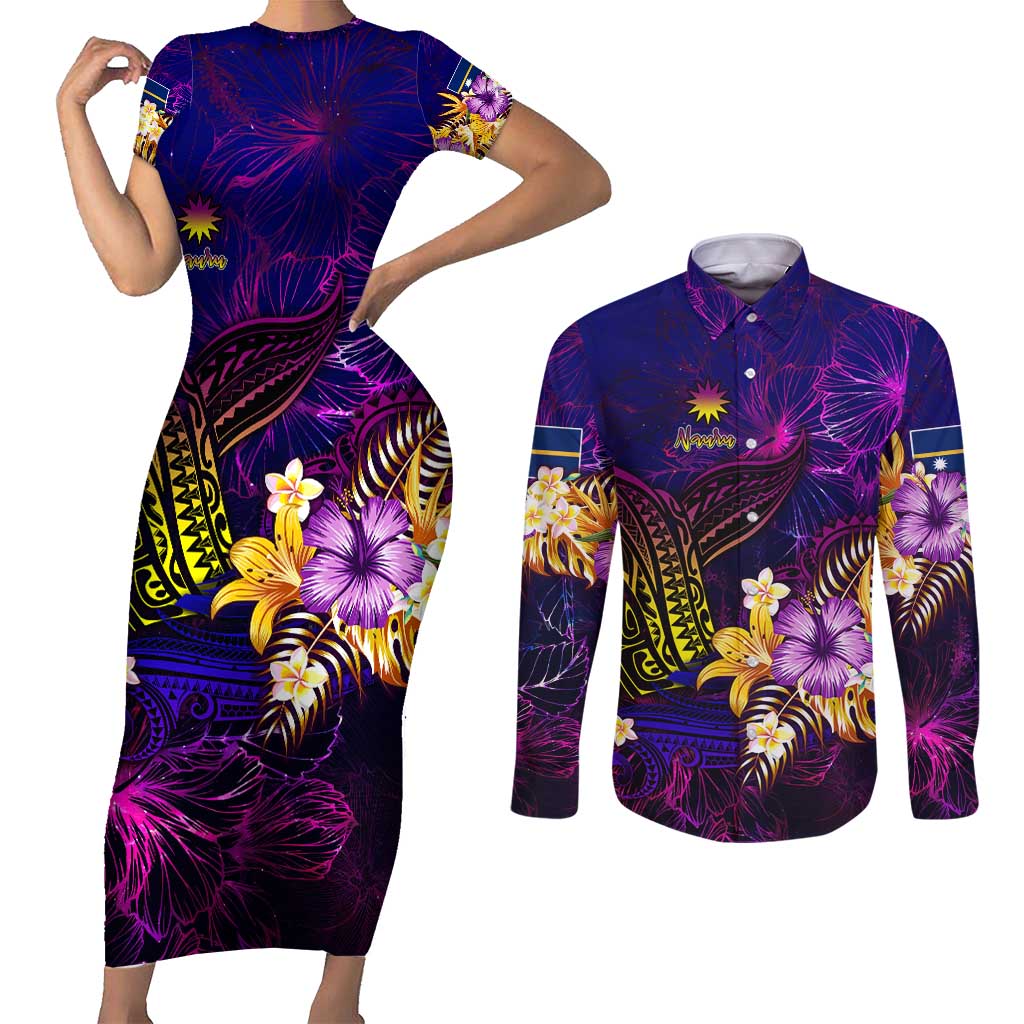 Nauru Couples Matching Short Sleeve Bodycon Dress and Long Sleeve Button Shirt Whale Hibiscus Polynesian DT02 Purple - Polynesian Pride