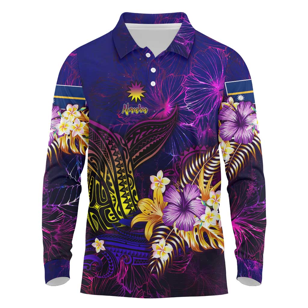 Nauru Long Sleeve Polo Shirt Whale Hibiscus Polynesian DT02 Purple - Polynesian Pride