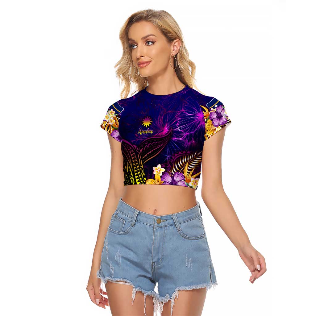 Nauru Raglan Cropped T Shirt Whale Hibiscus Polynesian DT02 Female Purple - Polynesian Pride