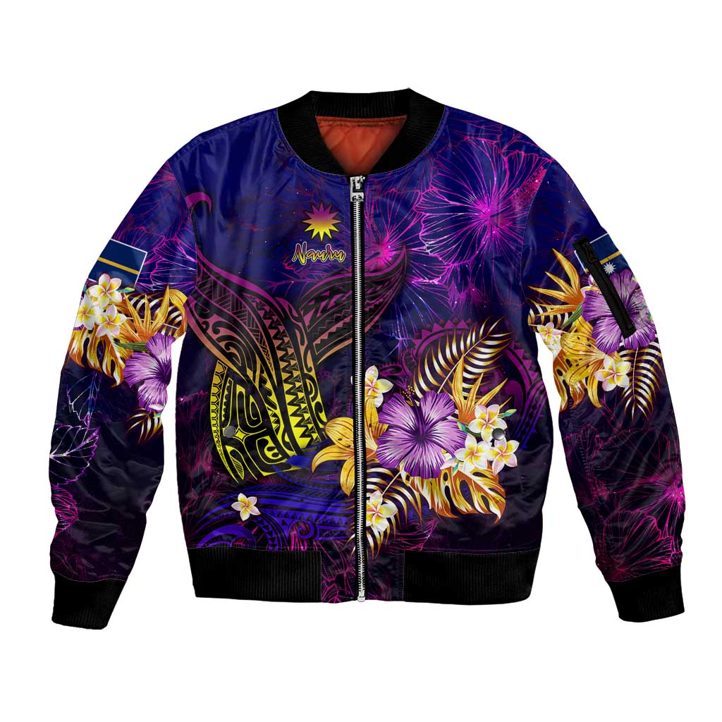 Nauru Sleeve Zip Bomber Jacket Whale Hibiscus Polynesian DT02 Unisex Purple - Polynesian Pride