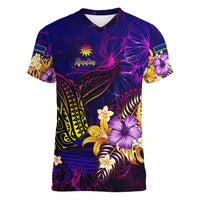 Nauru Women V-Neck T-Shirt Whale Hibiscus Polynesian
