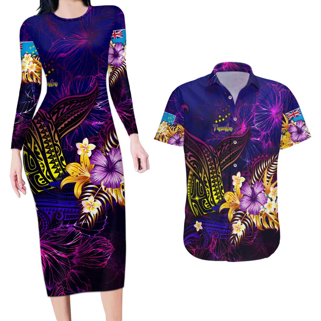 Tuvalu Couples Matching Long Sleeve Bodycon Dress and Hawaiian Shirt Whale Hibiscus Polynesian DT02 Purple - Polynesian Pride