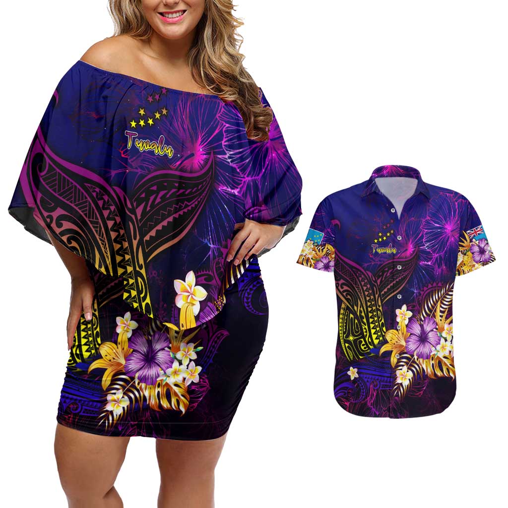 Tuvalu Couples Matching Off Shoulder Short Dress and Hawaiian Shirt Whale Hibiscus Polynesian DT02 Purple - Polynesian Pride