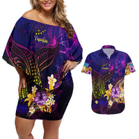Tuvalu Couples Matching Off Shoulder Short Dress and Hawaiian Shirt Whale Hibiscus Polynesian DT02 Purple - Polynesian Pride