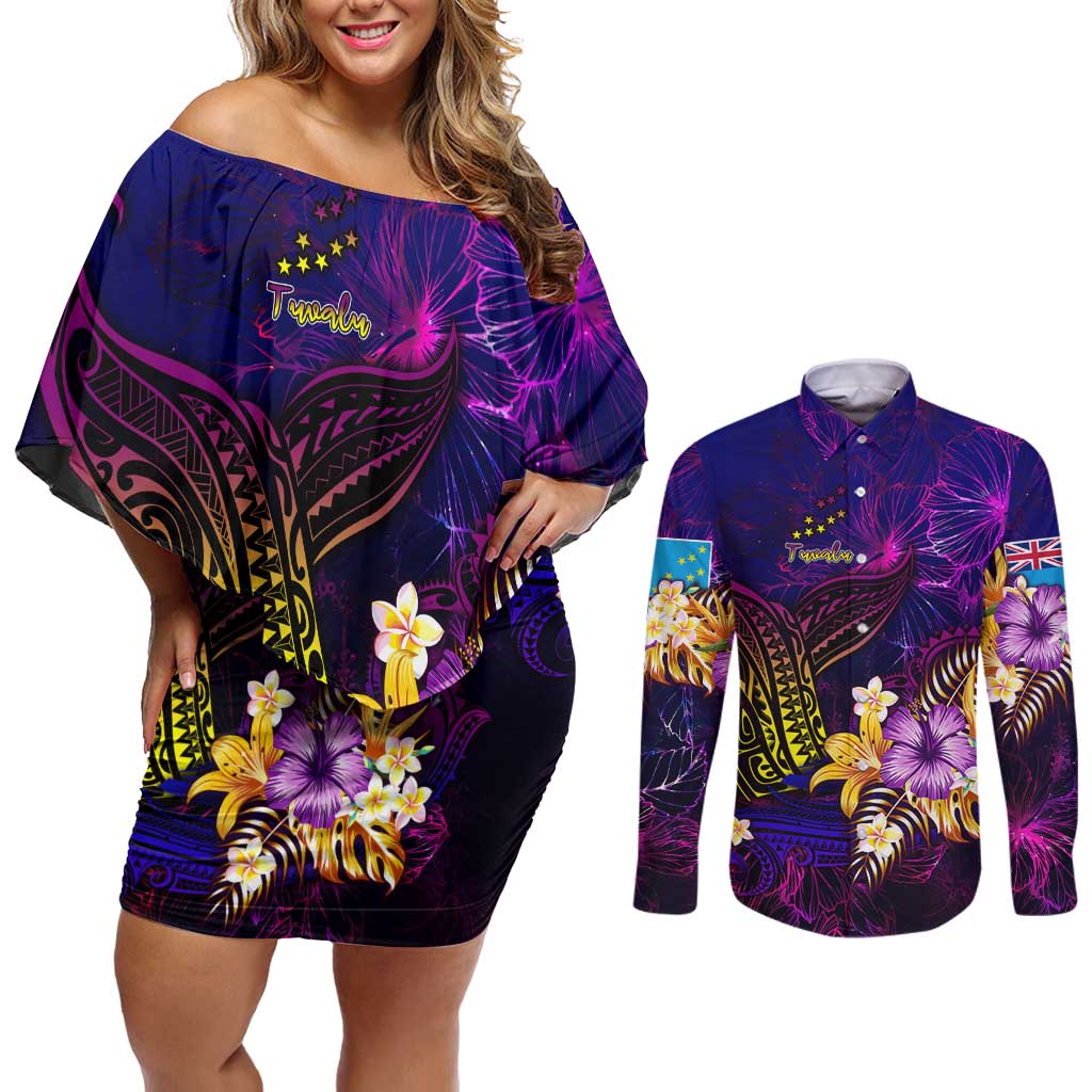 Tuvalu Couples Matching Off Shoulder Short Dress and Long Sleeve Button Shirt Whale Hibiscus Polynesian DT02 Purple - Polynesian Pride