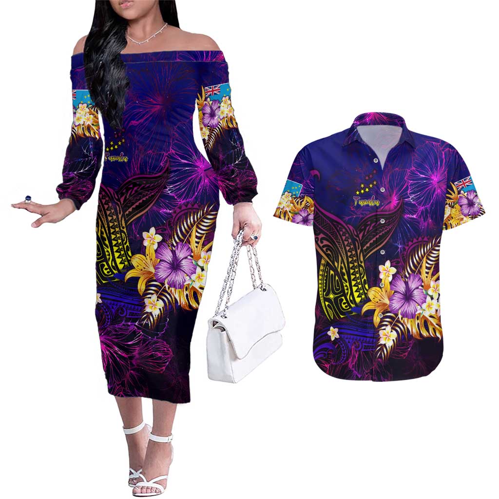 Tuvalu Couples Matching Off The Shoulder Long Sleeve Dress and Hawaiian Shirt Whale Hibiscus Polynesian DT02 Purple - Polynesian Pride