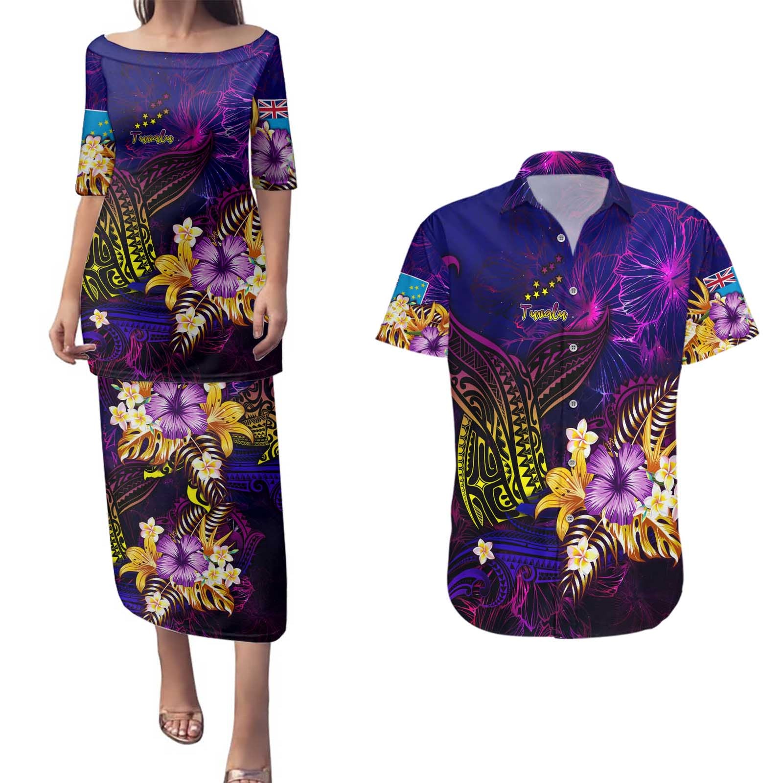 Tuvalu Couples Matching Puletasi and Hawaiian Shirt Whale Hibiscus Polynesian DT02 Purple - Polynesian Pride