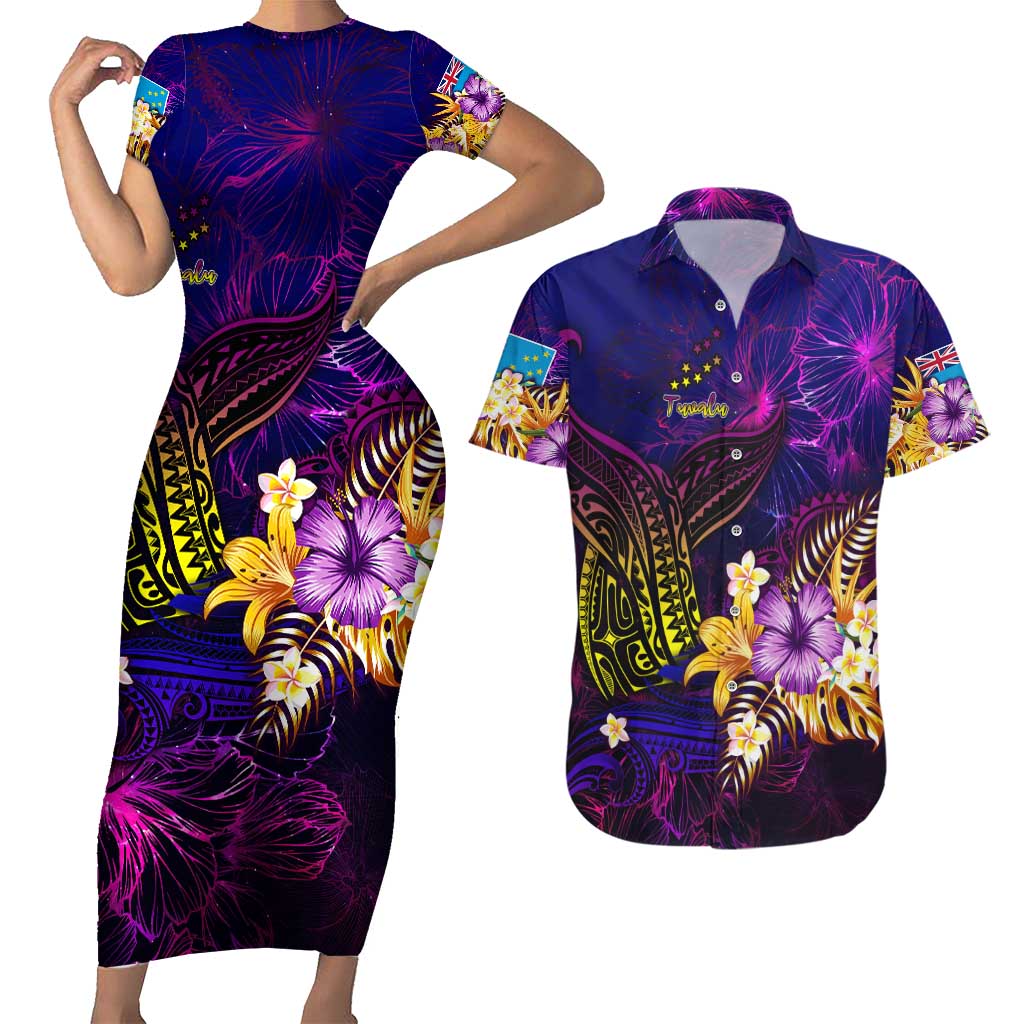 Tuvalu Couples Matching Short Sleeve Bodycon Dress and Hawaiian Shirt Whale Hibiscus Polynesian DT02 Purple - Polynesian Pride