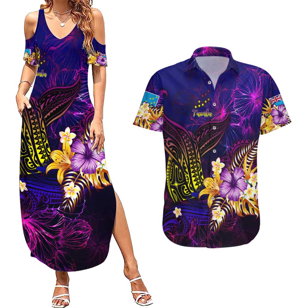 Tuvalu Couples Matching Summer Maxi Dress and Hawaiian Shirt Whale Hibiscus Polynesian DT02 Purple - Polynesian Pride