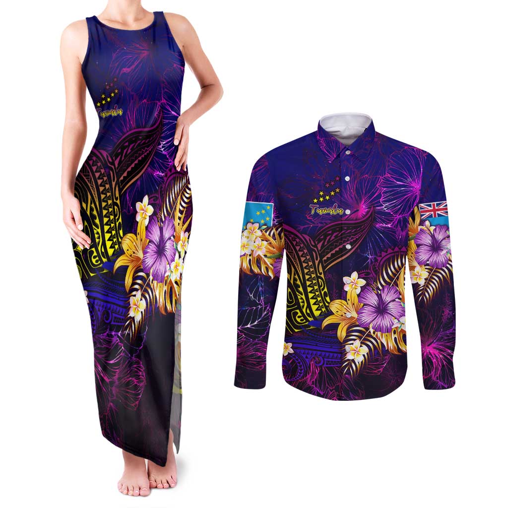 Tuvalu Couples Matching Tank Maxi Dress and Long Sleeve Button Shirt Whale Hibiscus Polynesian