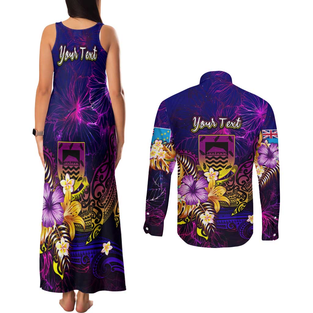 Tuvalu Couples Matching Tank Maxi Dress and Long Sleeve Button Shirt Whale Hibiscus Polynesian