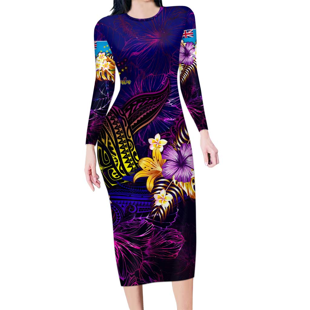 Tuvalu Family Matching Long Sleeve Bodycon Dress and Hawaiian Shirt Whale Hibiscus Polynesian
