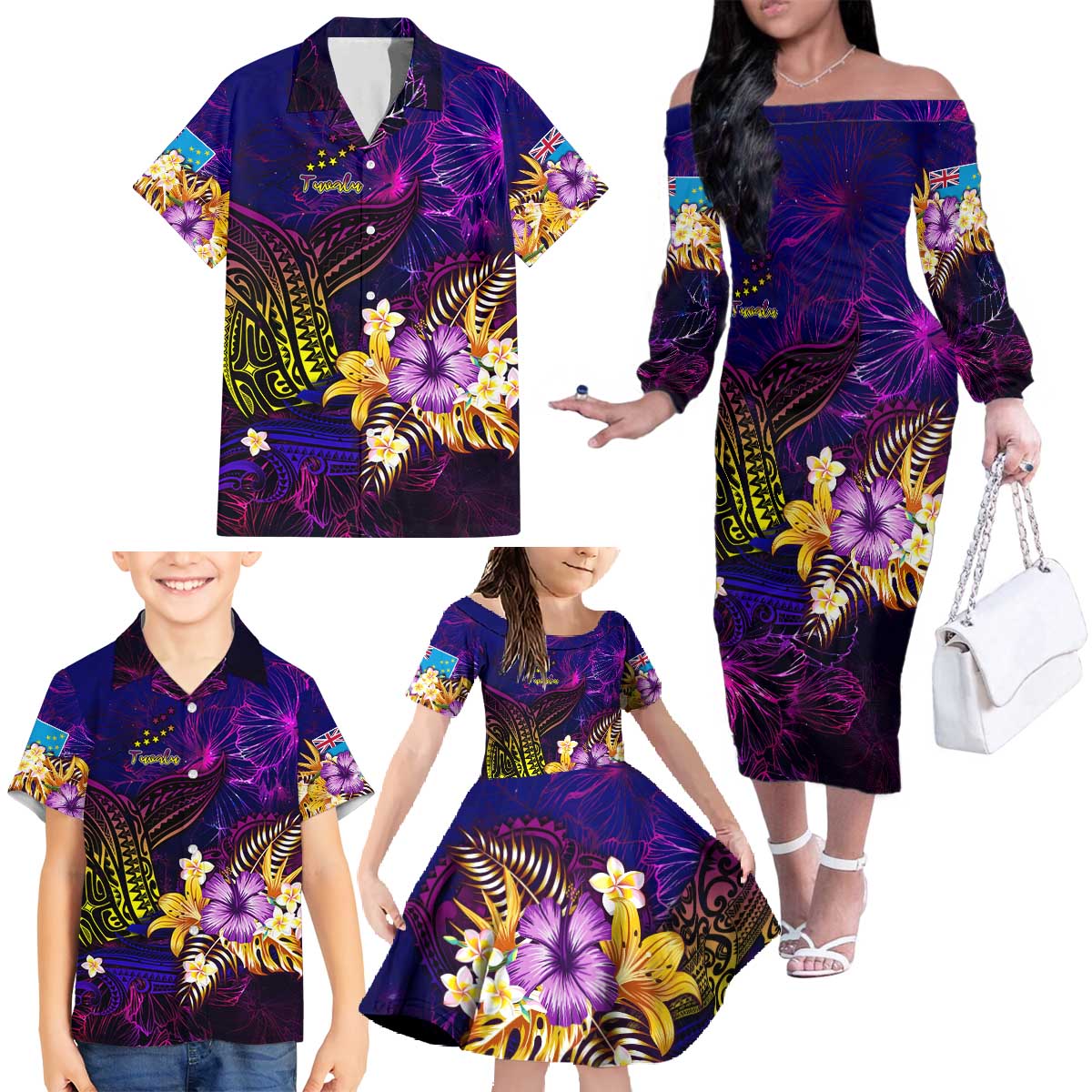 Tuvalu Family Matching Off The Shoulder Long Sleeve Dress and Hawaiian Shirt Whale Hibiscus Polynesian