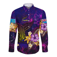 Tuvalu Long Sleeve Button Shirt Whale Hibiscus Polynesian