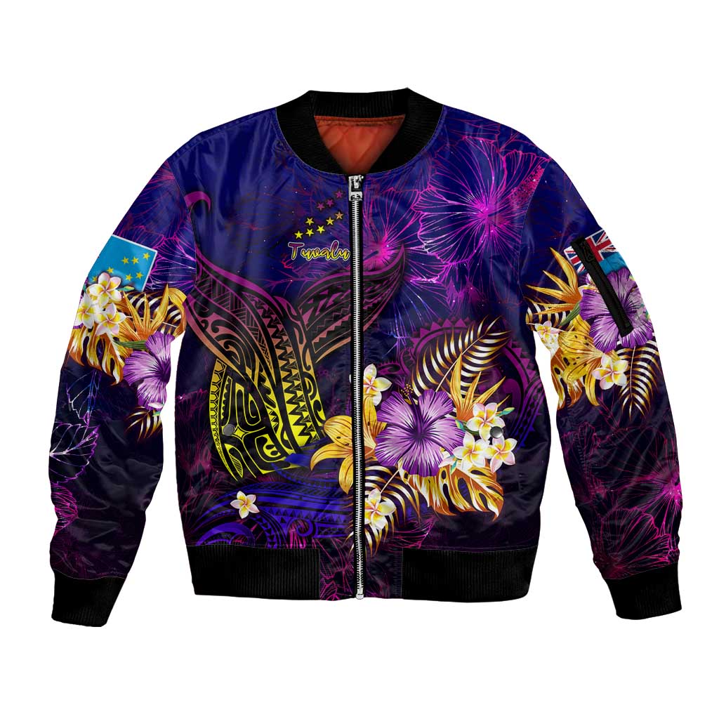 Tuvalu Sleeve Zip Bomber Jacket Whale Hibiscus Polynesian DT02 Unisex Purple - Polynesian Pride