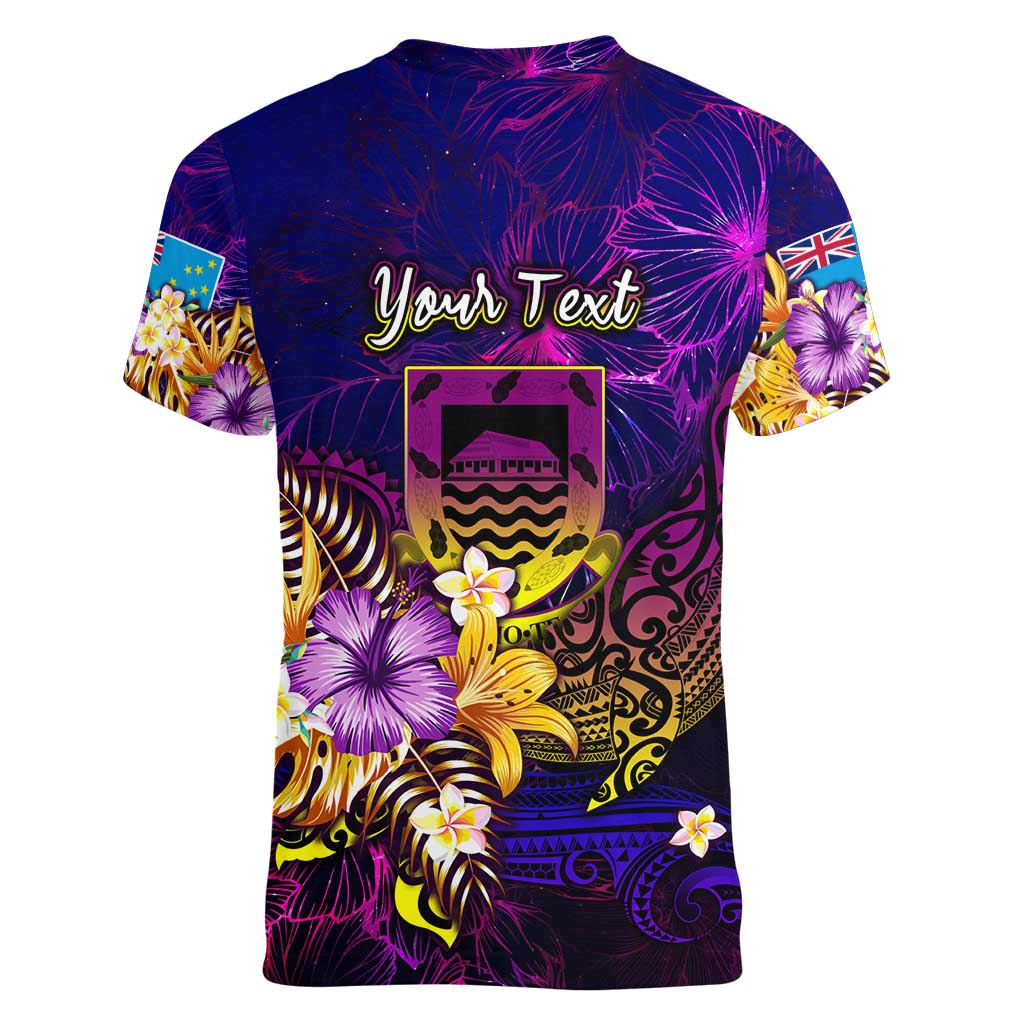 Tuvalu Women V-Neck T-Shirt Whale Hibiscus Polynesian