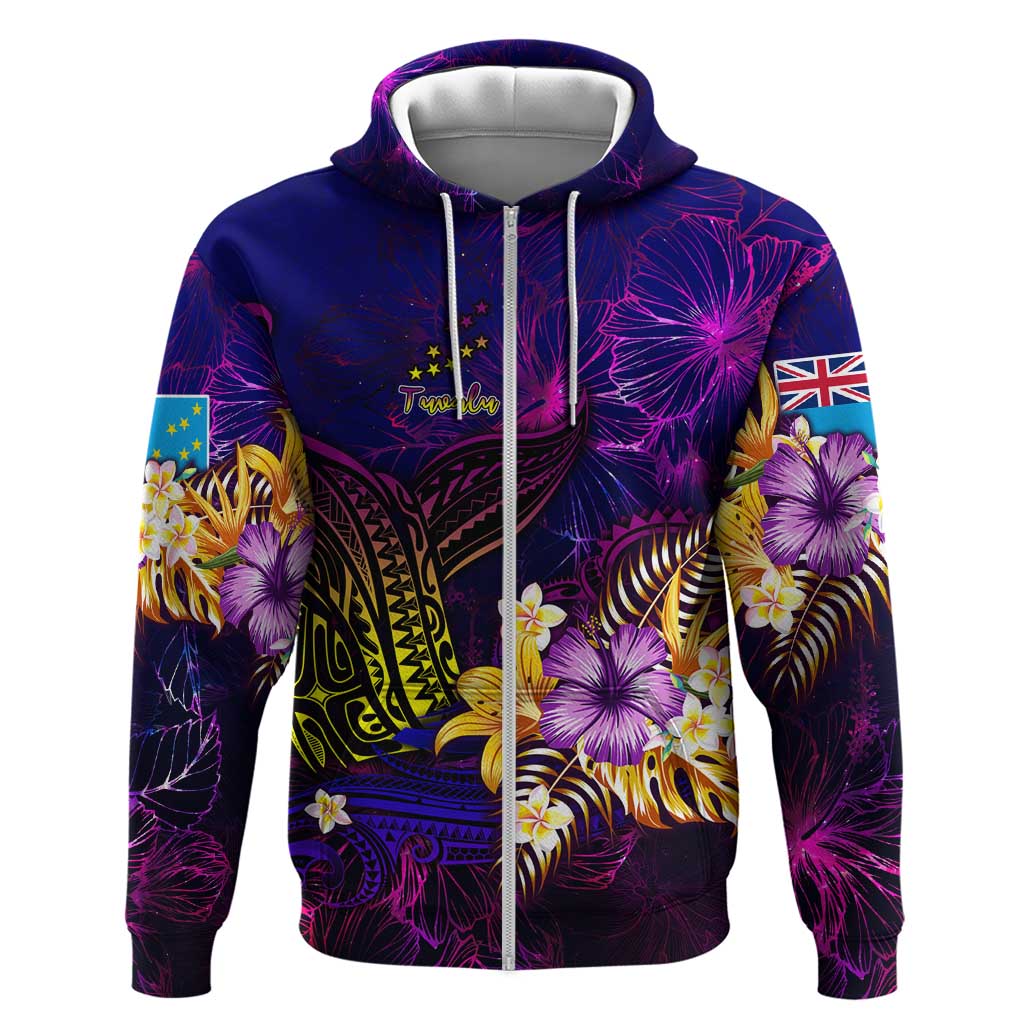 Tuvalu Zip Hoodie Whale Hibiscus Polynesian