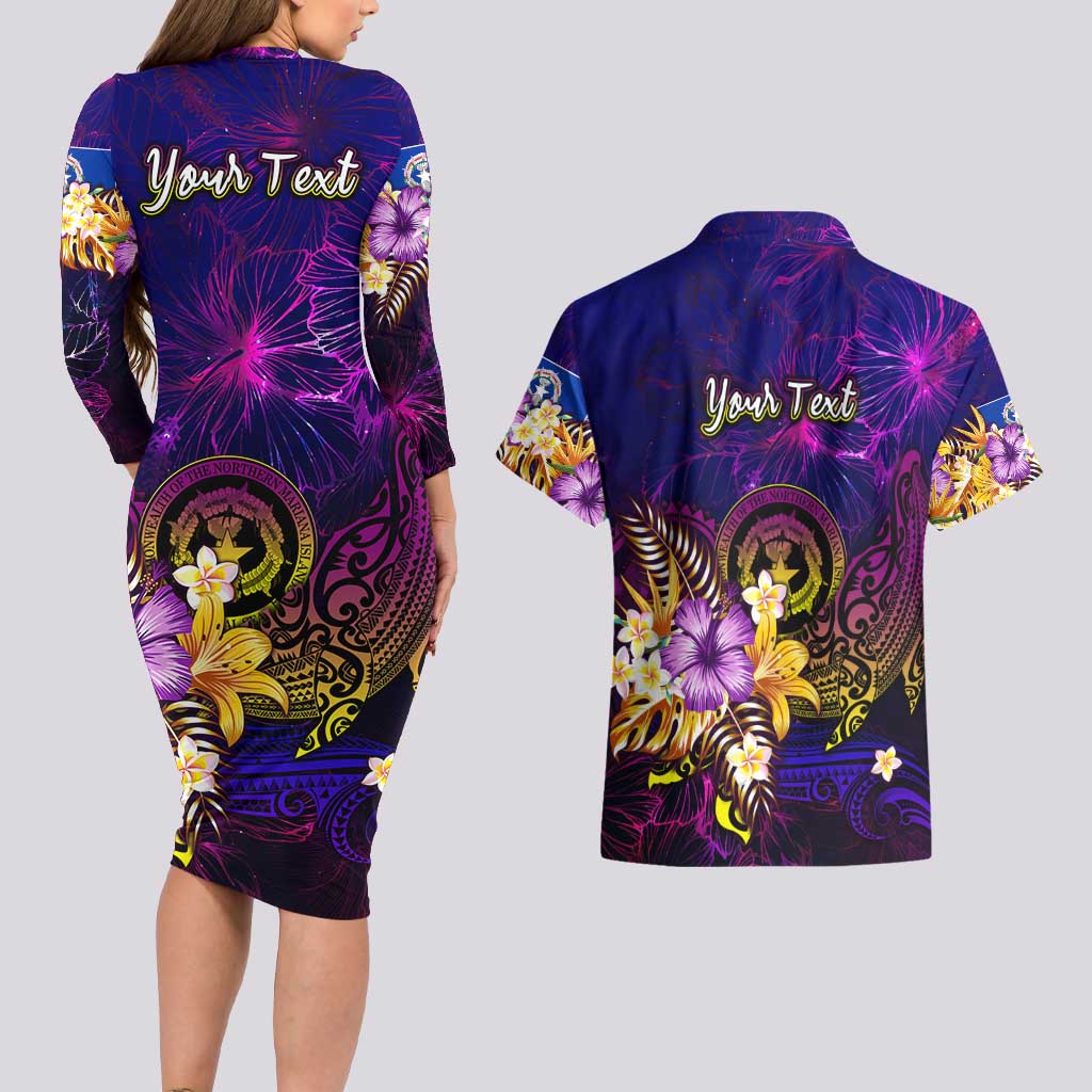 Northern Mariana Islands Couples Matching Long Sleeve Bodycon Dress and Hawaiian Shirt Whale Hibiscus Polynesian