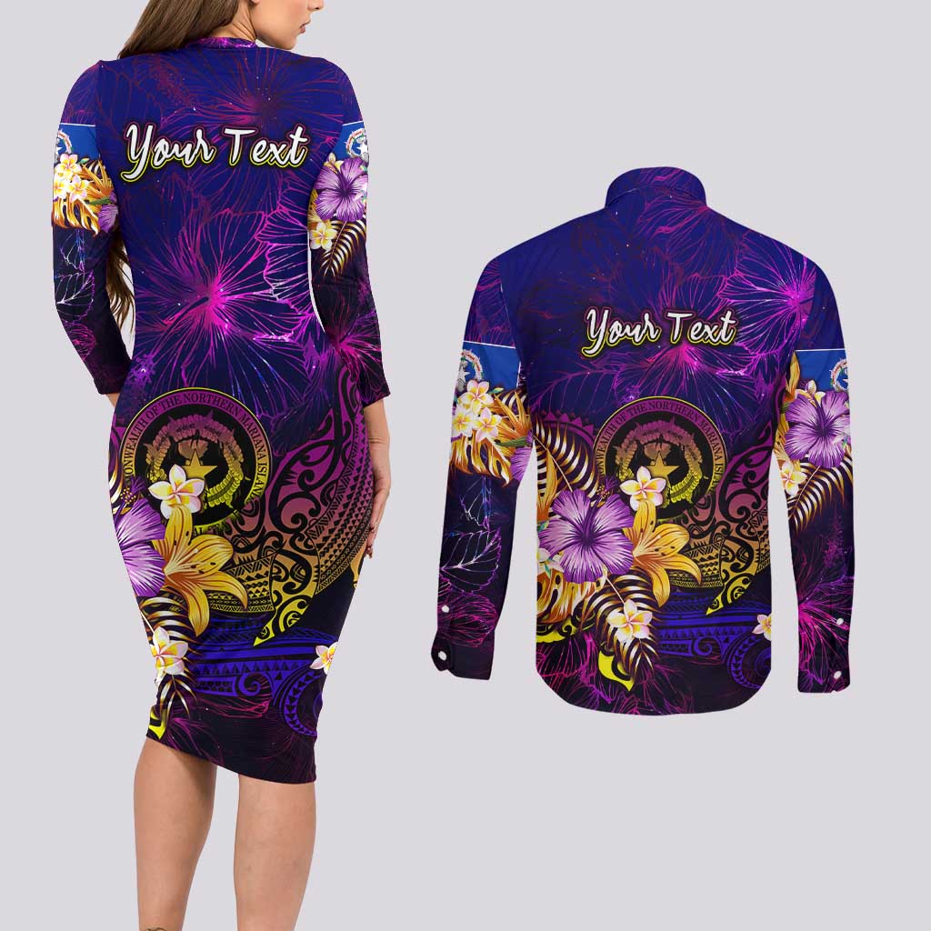 Northern Mariana Islands Couples Matching Long Sleeve Bodycon Dress and Long Sleeve Button Shirt Whale Hibiscus Polynesian