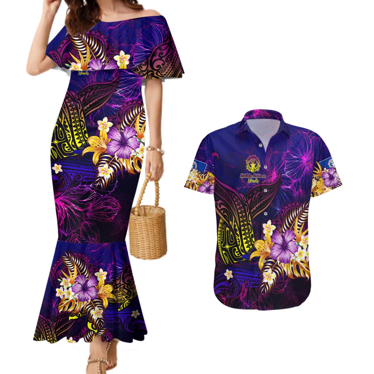 Northern Mariana Islands Couples Matching Mermaid Dress and Hawaiian Shirt Whale Hibiscus Polynesian