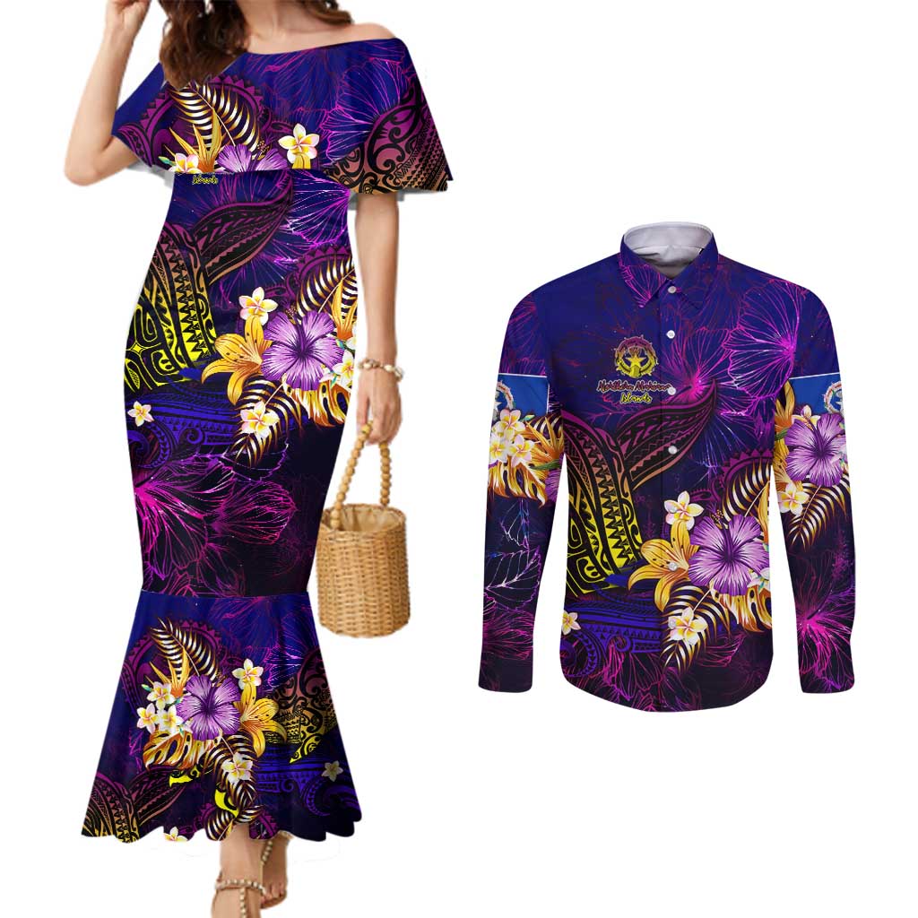 Northern Mariana Islands Couples Matching Mermaid Dress and Long Sleeve Button Shirt Whale Hibiscus Polynesian