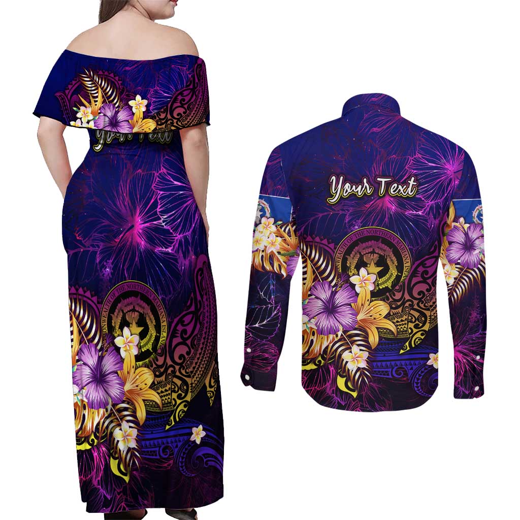 Northern Mariana Islands Couples Matching Off Shoulder Maxi Dress and Long Sleeve Button Shirt Whale Hibiscus Polynesian