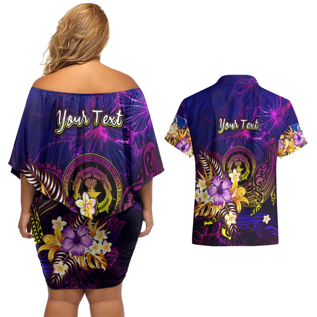 Northern Mariana Islands Couples Matching Off Shoulder Short Dress and Hawaiian Shirt Whale Hibiscus Polynesian