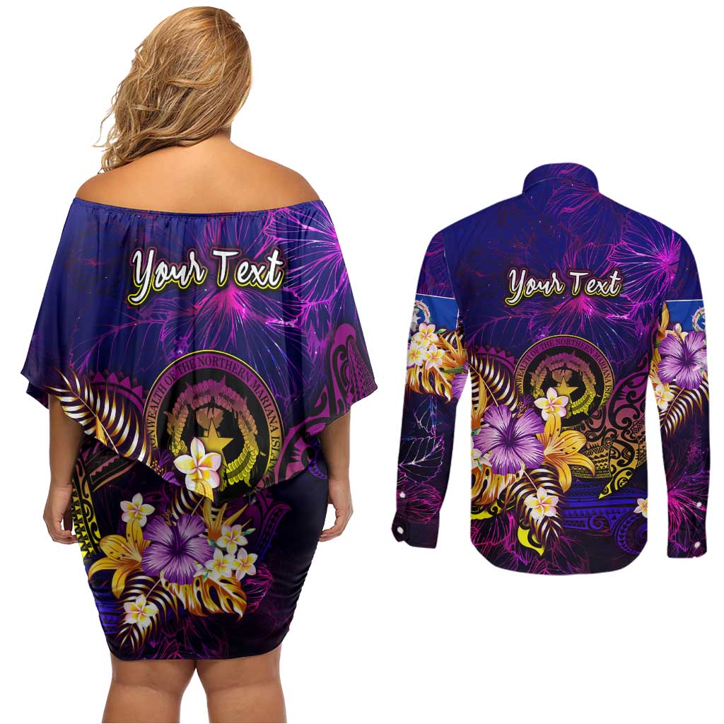 Northern Mariana Islands Couples Matching Off Shoulder Short Dress and Long Sleeve Button Shirt Whale Hibiscus Polynesian